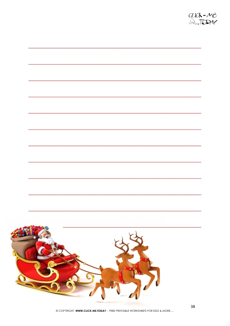 Plain letter to Santa template - Santa sleigh reindeers with lines 38